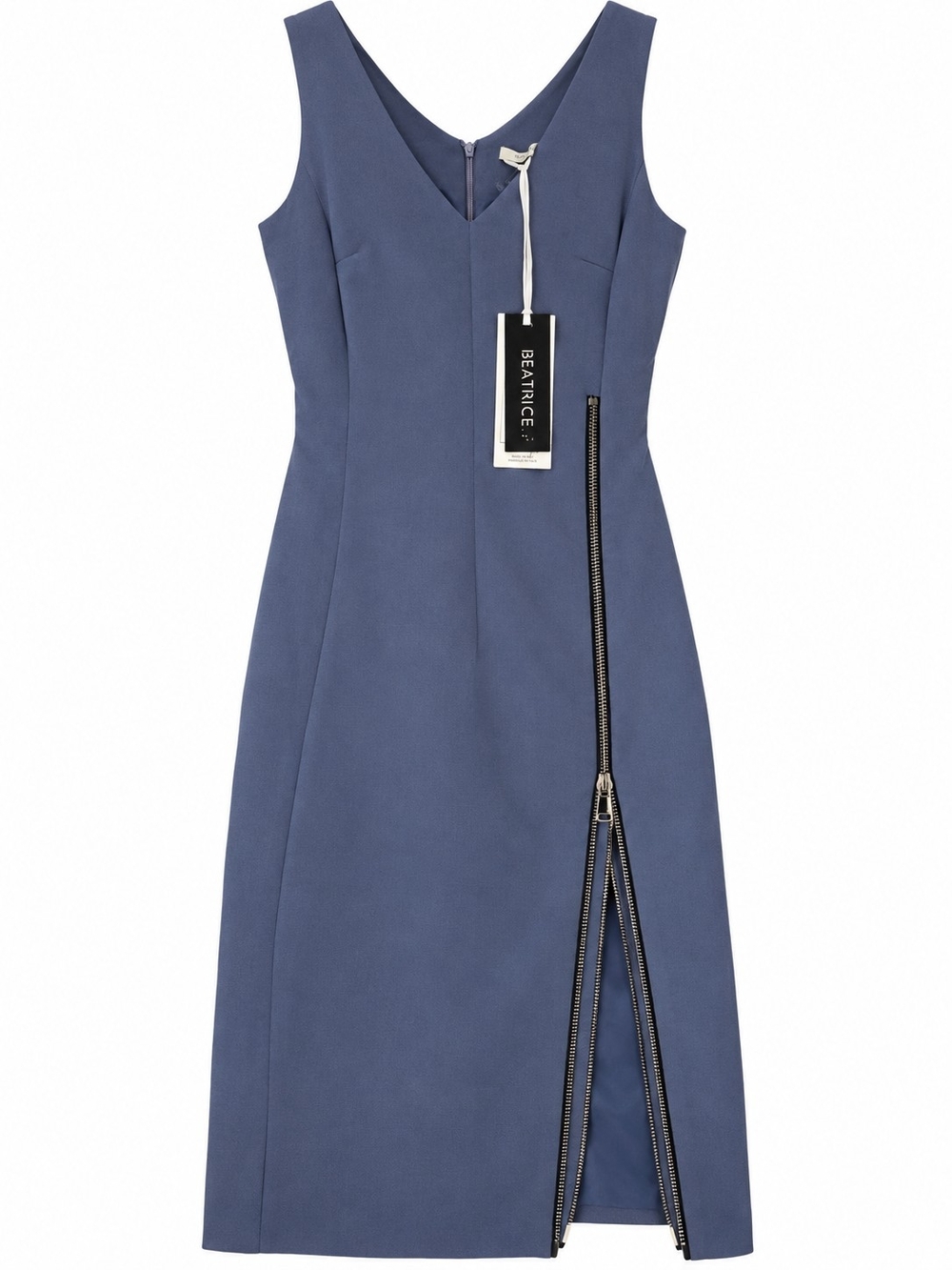 NWT Beatrice Slate-Blue Midi Dress with Asymmetric Zip In Front
